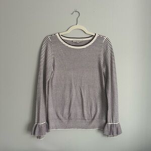LOFT Burgundy Striped Sweater Ruffle Sleeve Small
